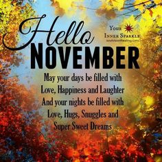 a poster with the words hello november written in front of autumn leaves and sunbursts