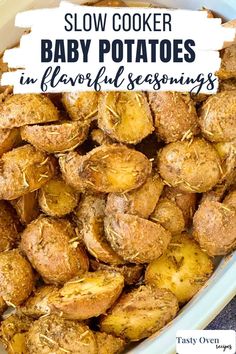 slow cooker baby potatoes in a bowl with text overlay