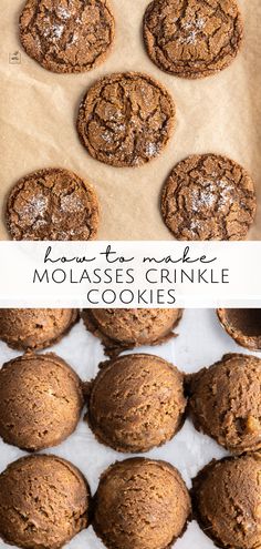 homemade molasse crinkle cookies on parchment paper with the title above it