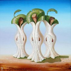 three white vases with green plants in them on a desert plain, painted by an artist