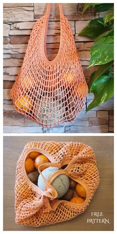 an orange mesh bag with eggs in it on top and another photo of the same bag