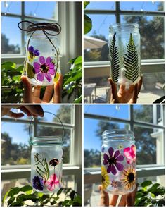 four different pictures of flowers in mason jars with leaves and butterflies painted on the lids