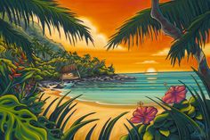 a painting of a tropical beach scene with palm trees and flowers on the shore at sunset