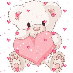 a white teddy bear holding a heart with stars on it's chest and paws