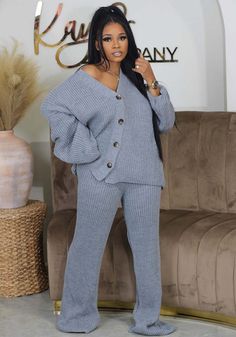 Cozy Long Sleeve Sets For Fall, Winter Workwear Sets With Buttons, Gray Long Sleeve Winter Set, Fall Loungewear Sets With Button-up, Fall Loungewear Button-up Sets, Fall Long Sleeve Sets With Button Closure, Casual Fall Sets With Buttons, Sweater Two Piece Set, Fall Fitness