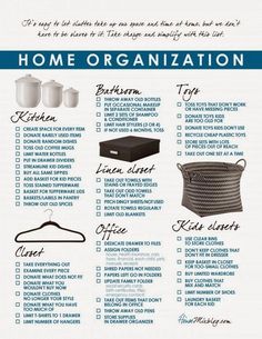 the home organization checklist is shown in blue and white, with instructions to keep it organized