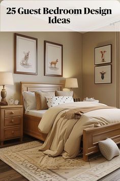 a bed room with a neatly made bed and pictures on the wall above it that says 25 guest bedroom design ideas