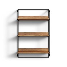 an empty shelf with three shelves on each side and one shelf below it, against a white wall