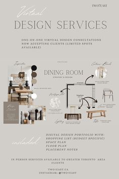 the interior design services brochure is shown in gray and white, with an image of