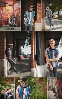 a collage of photos shows a young man in striped shirt and jeans, leaning against a brick wall