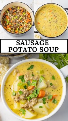 three different images of sausage potato soup