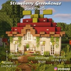 Minecraft Minecraft Greenhouse Aesthetic, Cute House For Minecraft, Early Game Minecraft Builds, Minecraft Cottagecore Decoration, Minecraft Greenhouse Cottagecore, Minecraft House Cute Cottage, Strawberry Cottage Minecraft, Minecraft Build Cottagecore