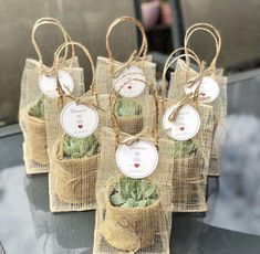 small bags filled with succulents tied to burlocks on top of a table