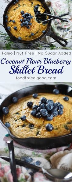 blueberry skillet bread in a cast iron pan on a floral tablecloth with text overlay