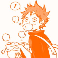 an orange and white drawing of a boy with bubbles coming out of his mouth,