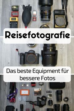 the words reisefotografie are in front of many different types of cameras