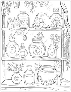 a shelf filled with bottles and skulls on top of it, in black and white