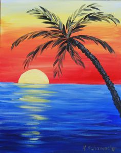 an acrylic painting of a palm tree at sunset