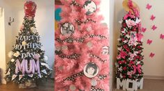 pink christmas tree decorated with pictures and butterflies