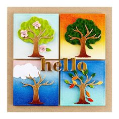 four greeting cards with the words hello written in different languages and trees on each card