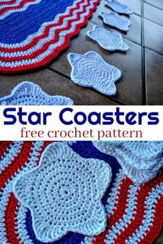 crocheted star coasters on the floor with text overlay