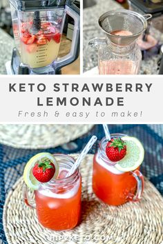 two jars filled with liquid and strawberries next to a blender full of lemonade