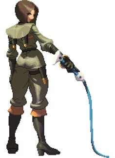 a pixel art image of a person with a hose attached to their arm and wearing boots