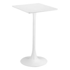 a white square table with a pedestal base on an isolated white background, viewed from the front