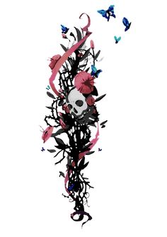 a skull and some flowers with butterflies flying around it on a white background that appears to be in color