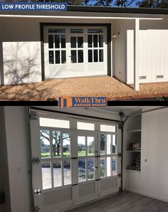 before and after shots of a white garage door with glass inserts on the windows