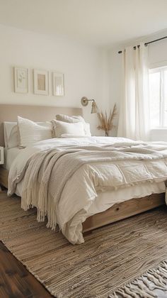 a large bed sitting on top of a wooden floor next to a white dresser and window