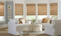 Classic Roman Natural Shade and Simplicity Valance in the pattern Everglades, color is Pecan. Sunroom Blinds, Popular Window Treatments, Beach Style Living Room, Jute Shades, Bamboo Roman Shades, Woven Wood Shades, Drapery Designs, Bamboo Blinds, Bamboo Shades