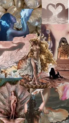 a collage of images with mermaids and seashells