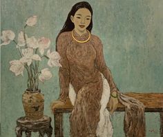 a painting of a woman sitting on a bench next to a vase with flowers in it