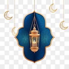 an arabic lantern hanging from the ceiling with crescents and stars on it, against a blue background