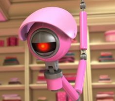 a pink robot is standing in front of shelves