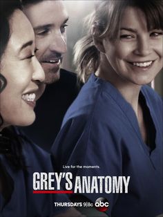 grey's anatomy season 3 poster with two women smiling and one man looking at the camera