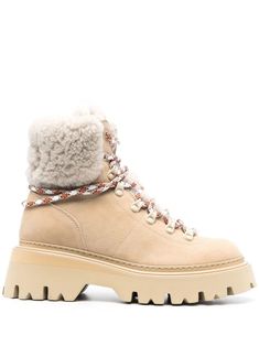 beige calf leather sheepskin round toe bungee lacing system ridged rubber sole ankle-length Outdoor Clothing Brands, Ankle Boots Flat, Sneaker Wedge, Suede Ankle Boots, Lug Sole, Womens Boots Ankle, Boot Shoes Women, High Heel Shoes, Calf Leather