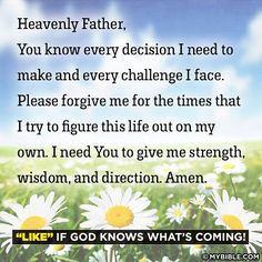 a poem with daisies in the foreground that reads, heavenly father you know every decision i need to make and every challenge i face