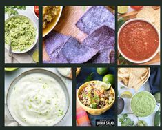 several different pictures of food including guacamole, salsa and tortilla chips