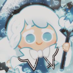 an anime character with white hair and blue eyes holding a wand in her hand, surrounded by stars