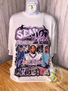 a t - shirt with the words senior high school on it and two pictures of people