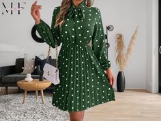 Get ready to embrace the charm of autumn with our Women's Elegant Polka-Dot Lace-Up Waist Long-Sleeved Pleated Dress. Sizing: True to size Material composition: 100% Polyester Pattern: Random print Weaving type: Woven Sleeve length: Long Sleeve Material: Polyester Clothing type: X Weight: 237 g Fabric elasticity: Slight elasticity Pocket: No pockets Style: Grace Material: This dress is made of 100% Polyester, this dress is soft, smooth, and comfortable to wear, ensuring a comfortable and durable Dress Flats, Fall Wear, Polka Dot Design, Cute Fall Outfits, Fall Style, Autumn Fashion Women, Fall Wardrobe, Polka Dot Dress, Womens Fall