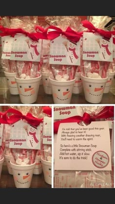 some cups with candy in them and a red ribbon around the top one has a sign on it