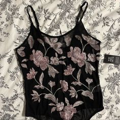 Mesh Floral Embroidered Leotard, Nwt. Nbw. Pretty Mesh Leotard. Never Been Worn. Moving Sale. Spring Sequined Bodysuit For Night Out, Summer Embellished Bodysuit For Night Out, Embellished Bodysuit For Summer Nights, Summer Embellished Fitted Bodysuit, Express Clothing, Mesh Leotard, Deep V Bodysuit, Express Outfits, High Neck Bodysuit