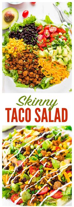 two plates filled with taco salad on top of a white plate and the words skinnyy taco salad above it