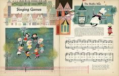 an old children's book with music and cartoon characters on the page, singing games