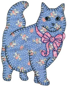 a blue cat with a pink bow on it's chest and polka dots around its neck