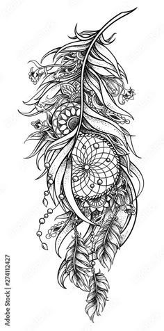 a black and white drawing of a feather with beads on it's tail, in the shape of a dream catcher