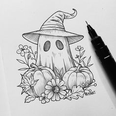 a drawing of a pumpkin with a witch hat on it's head, surrounded by flowers